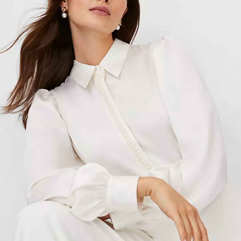 NEW IN PACKAGE Pearlized Puff Sleeve Shirt, Ann Taylor, White, Size M, NWT